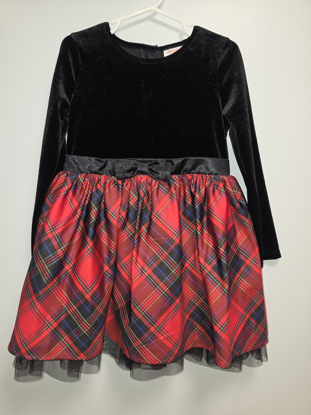 Cat & Jack Black Velvet Top with Red Plaid Skirt Holiday Dress